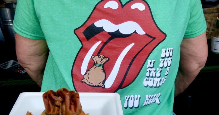 Get a Taste of the Rock & Roll Lifestyle at Jazz Fest with this Food Vendor sporting a Rolling Stones shirt | Discover the Best Eats in NOLA